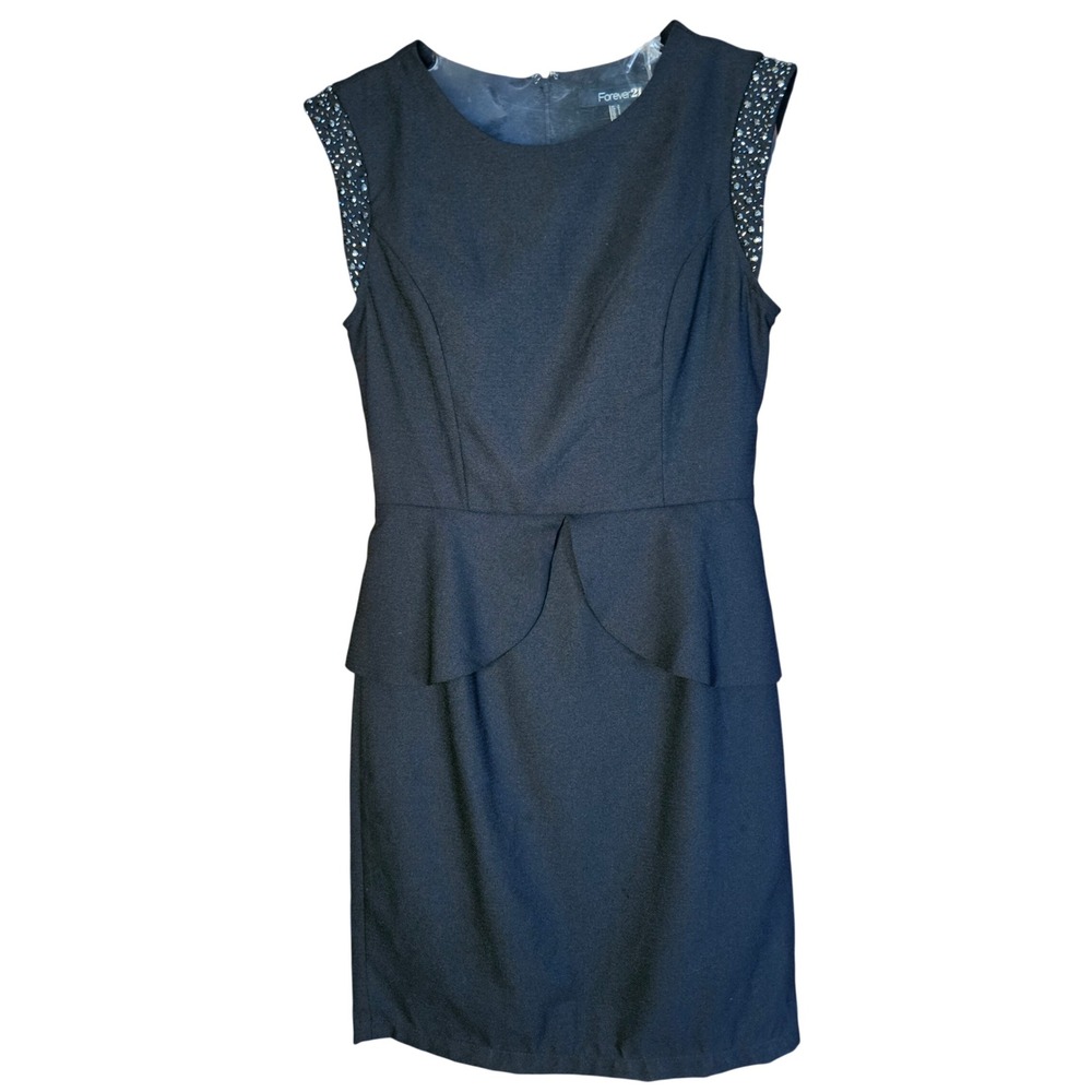 Forever 21 Dress Womens Small Sheath Black Rhinestone Peplum Cap Sleeve Mini New